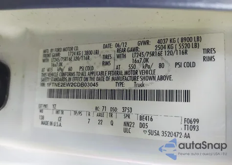 2012 Ford E-250 Commercial z USA, uszkodzony, nr VIN 1FTNE2EW2CDB03045